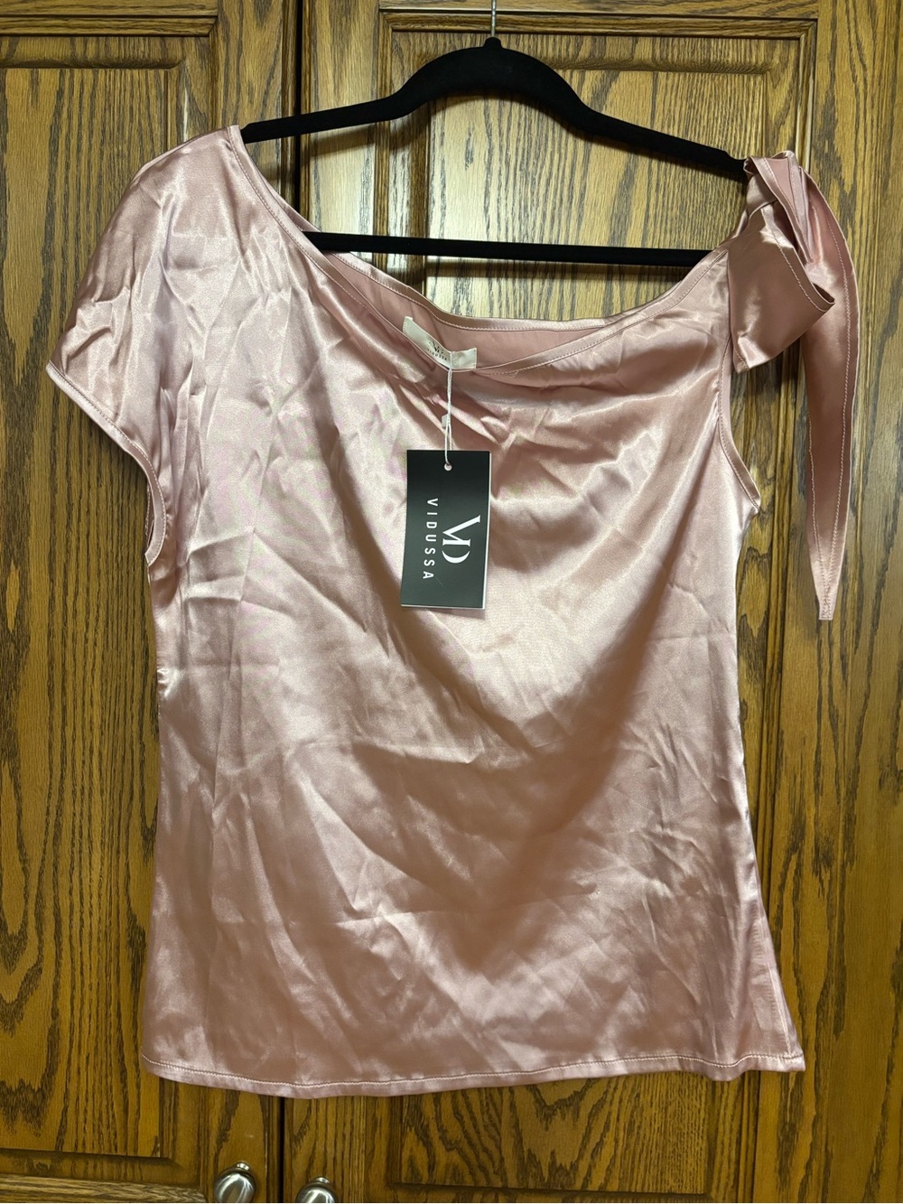 Women’s Satin One-Shoulder Tie Blouse — Dusty Rose size small